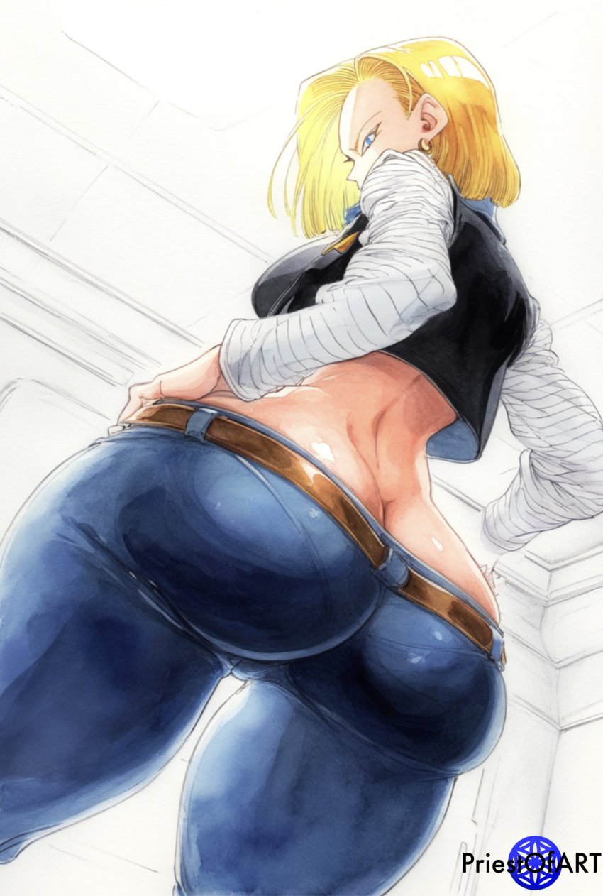 1girls ai_generated android_18 back_view backboob big_ass big_butt blonde_female blonde_hair color dragon_ball dragon_ball_z earrings female female_focus female_only fit_female from_behind from_below front_view huge_ass huge_butt jeans muscular muscular_female priestofart pulling_down_pants short_hair solo solo_female solo_focus tagme tagme_(artist) tagme_(character) thick_thighs watermark wide_hips