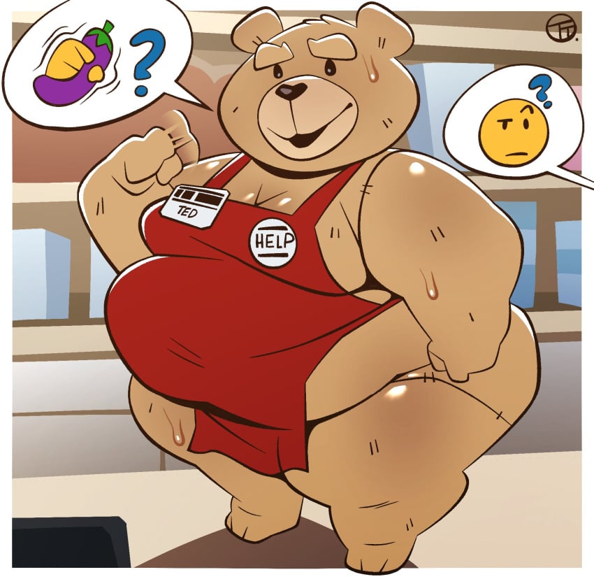 animate_inanimate anthro apron bear belly bluegrass_films bodily_fluids clothed clothing emojis fuzzy_door_productions gesture half_naked half_naked_male hi_res living_plushie male mammal media_rights_capital name_tag overweight overweight_anthro overweight_male partially_clothed plushie short_stack smile solo speech_bubble suggestive suggestive_dialogue suggestive_gesture suggestive_look suggestive_pose sweat ted_(film) ted_(ted) thick_thighs trashtoonz universal_pictures universal_studios wide_hips