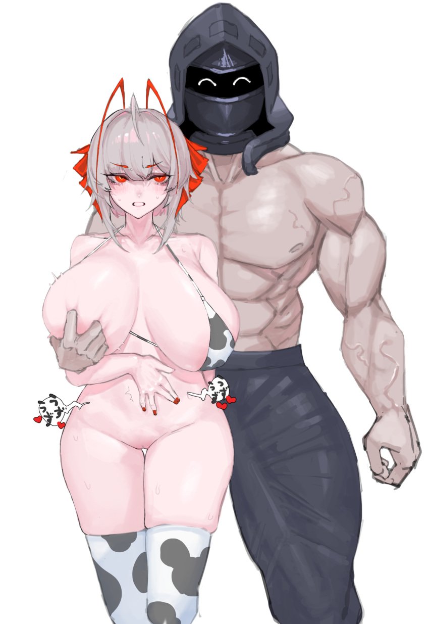 1boy abs animal_print annoyed antenna_hair arknights bikini bikini_top_only black_pants bottomless breasts cow_print cow_print_bikini cow_print_thighhighs deep_skin demon_horns doctor_(arknights) female grabbing_another's_breast grey_hair groping height_difference highres hood horns huge_breasts linza multicolored_hair muscular muscular_male nail_polish one_breast_out pants partially_shaded_face print_bikini print_thighhighs pussy red_eyes red_hair red_horns red_nails short_hair simple_background skindentation standing sweat swimsuit thighhighs topless veins veiny_arms w_(arknights) white_background