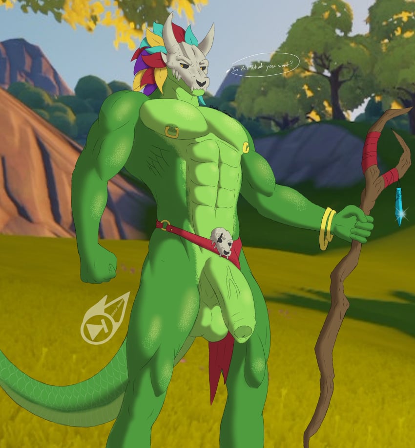 anthro balls bara barazoku big_penis flaccid lizard loincloth loincloth_aside male male_only muscles muscular penis scalie shifter_gamer skull_mask solo solo_male speech_bubble terraria witch_doctor_(terraria)