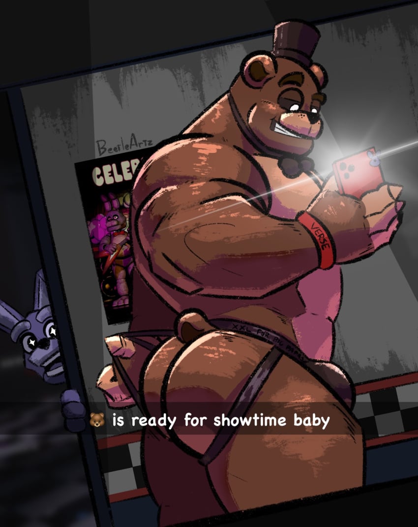 2boys anthro anthro_only ass ass_focus bara bara_ass bara_butt beetleartz big_ass big_butt bigbchevalier bonnie_(fnaf) bowtie brown_body brown_fur bubble_ass bubble_butt five_nights_at_freddy's freddy_(fnaf) gay humanoid humanoid_only jockstrap jockstrap_only lagomorph lagomorph_humanoid male male_only muscular muscular_anthro muscular_arms muscular_ass muscular_butt muscular_humanoid muscular_male red_wristband snapchat star_eyes tail tophat ursid ursid_humanoid wristband