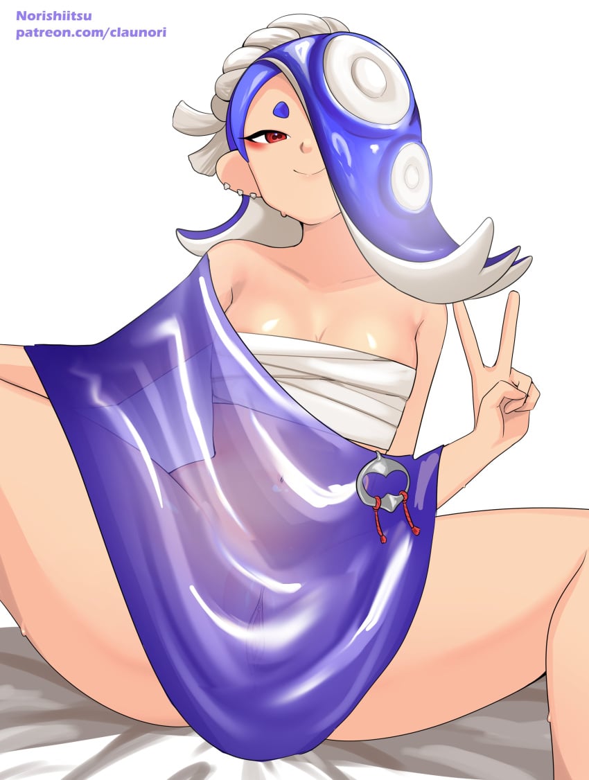 1girls bed bed_sheet blue_hair bottomless bottomless_female breasts cleavage looking_at_viewer navel nintendo norishiitsu octoling octoling_girl one_eye_covered pussy red_eyes satin satin_sheets shiver_(splatoon) simple_background solo splatoon splatoon_3 tentacle tentacle_hair tentacles v v_sign white_background