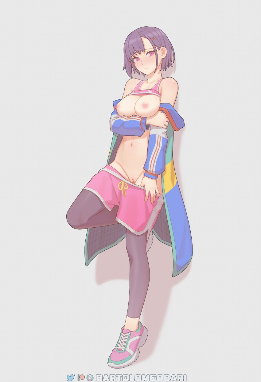 1girls arms_under_breasts bartolomeobari big_breasts blush breasts breasts_out cleavage clothes_lift clothes_pull dolphin_shorts female full_body jacket large_breasts leggings midriff mikazuki_shizuka nipples no_panties off_shoulder partially_clothed pink_eyes purple_hair pussy shaved_pussy short_hair shorts sneakers solo sports_bra sportswear undressing zom_100:_zombie_ni_naru_made_ni_shitai_100_no_koto