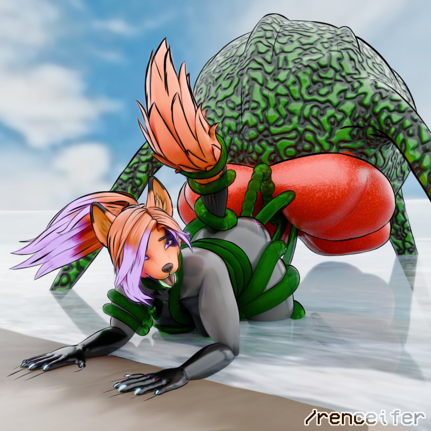 anthro beach blender_(artwork) blender_eevee blender_eevee_next bound canid canine digital_media_(artwork) duo egg elemental_creature encasement female flora_fauna fox furry hi_res imminent_oviposition imminent_vore mammal oviposition plant rain_antifer_(renceifer) renceifer sex solo story story_in_description tentacle tentacle_sex unknown_species