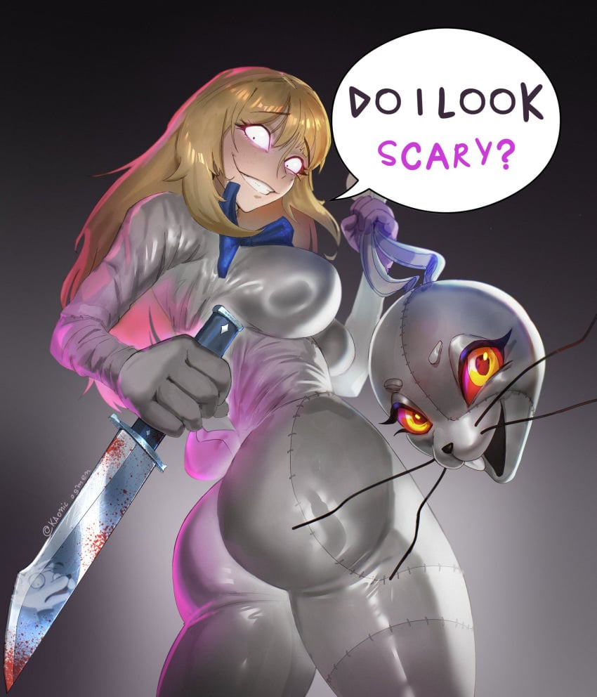 big_breasts bunny_costume bunny_ears bunny_girl bunny_tail bunnysuit evil_smile five_nights_at_freddy&#039;s five_nights_at_freddy&#039;s:_security_breach kaonicdogmen knife latex latex_clothing purple smile solo thick thick_thighs thighs vanessa_(fnaf) vanny vanny_(fnaf)