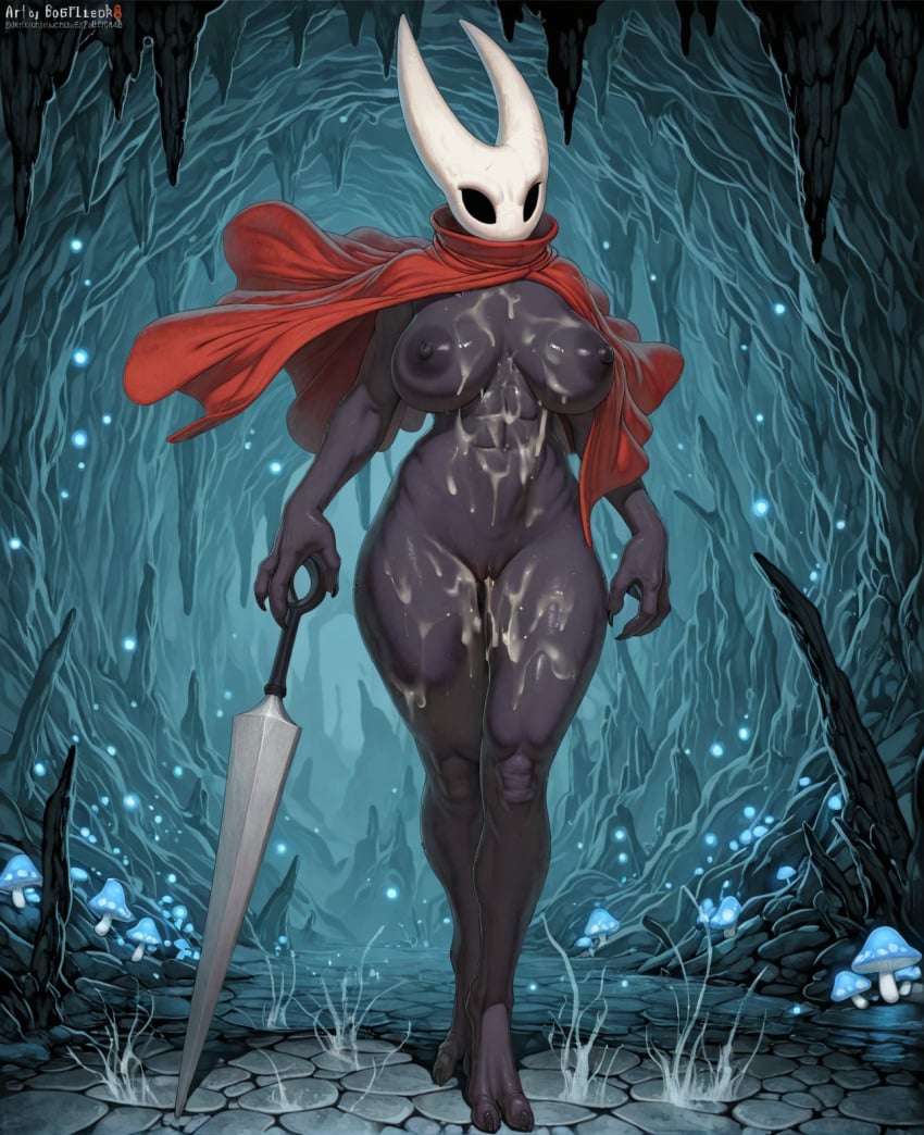 ai_generated anthro black_body black_eyes breasts cape casual_nudity claws cum empty_eyes exhibitionism female female_only genitals hollow_knight hornet_(hollow_knight) muscular muscular_female nipples nude pussy solo standing thick_thighs weapon