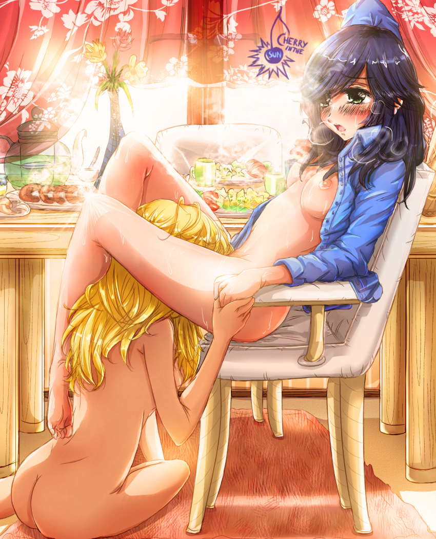 2girls akiko_oohashi black_hair blonde_hair breasts cherryinthesun cunnilingus female girl_friends high_resolution long_hair mariko_kumakur multiple_girls nipples nude open_clothes open_shirt oral yuri