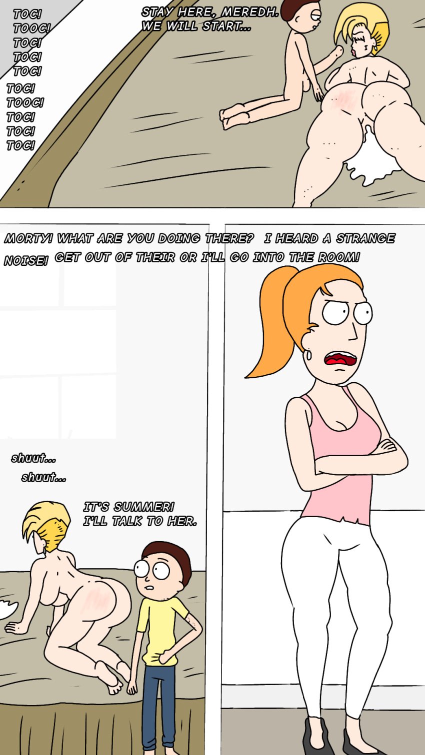 1boy 2girls adult_swim angry angry_expression artist_name bedroom big_ass big_breasts blonde_female blonde_hair blonde_hair_female color colored confusion deuscartoon discussion english_text full_color girlfriend meredh_stone morty_smith rick_and_morty sister sisters summer_smith young_female young_woman younger_female younger_male