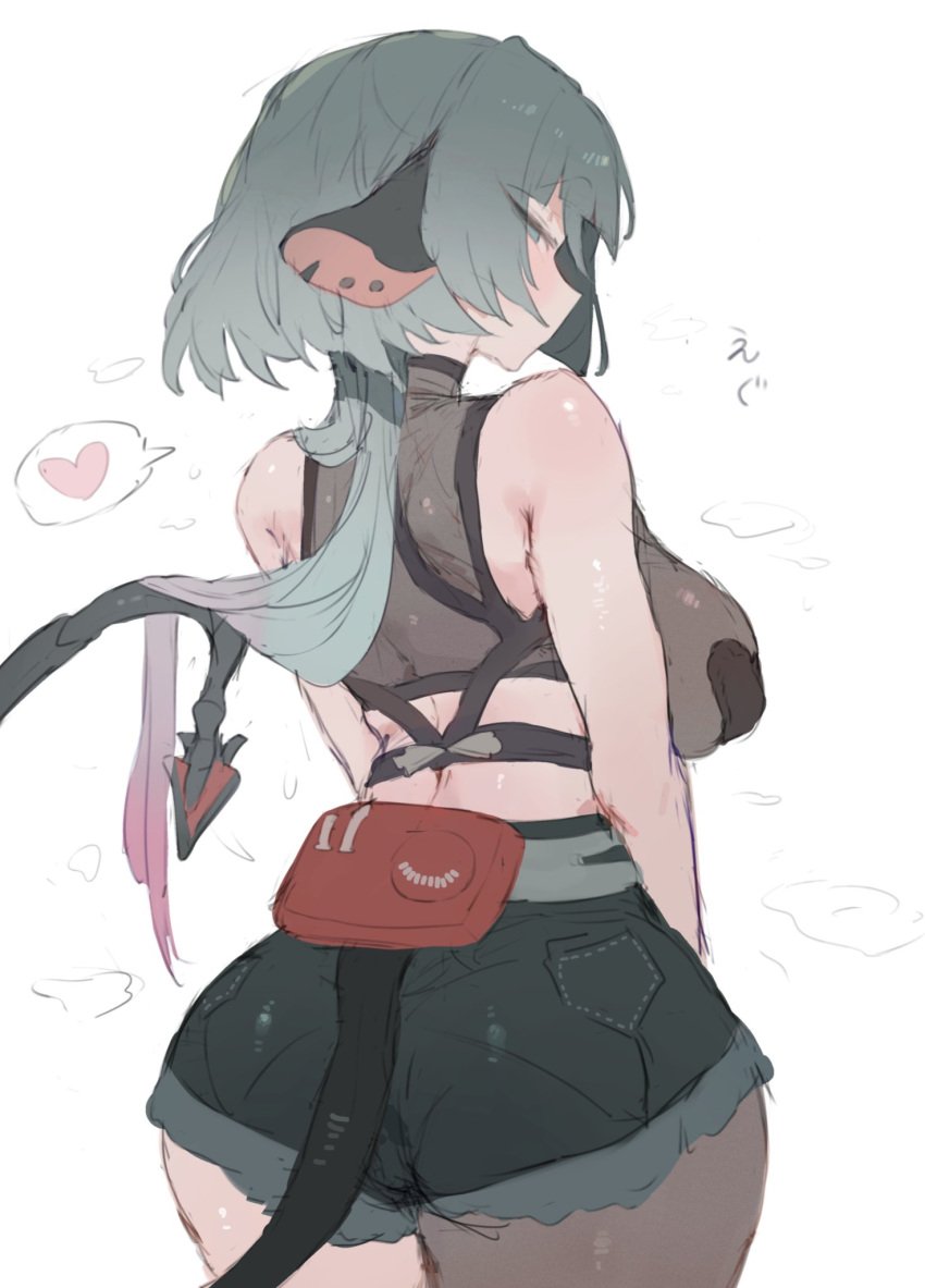1girls ass blush breasts female female_focus female_only jane_doe_(zenless_zone_zero) large_ass large_breasts light-skinned_female light_skin looking_at_viewer looking_back otintin rat_ears rat_girl rat_tail solo tail thick_thighs thighs white_background wide_hips zenless_zone_zero