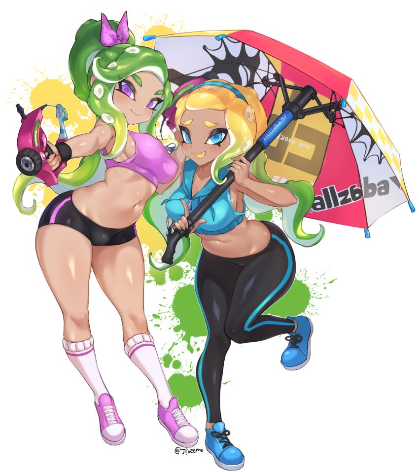 2girls artist_signature blue_eyes breasts crop_top dapple_dualies green_hair holding_object holding_weapon jtveemo long_hair looking_at_viewer medium_breasts midriff navel nintendo octoling octoling_girl pants ponytail purple_eyes shoes shorts sideboob smiling smiling_at_viewer socks splat_brella splatoon splatoon_(series) splatoon_2 tight_clothing two_tone_hair umbrella weapon wide_hips yellow_hair