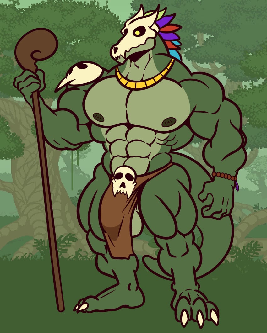 anthro balls bara barazoku bulge flaccid lizard loincloth male male_only muscles muscular penis purplemenace scalie skull_mask solo solo_male terraria witch_doctor_(terraria)