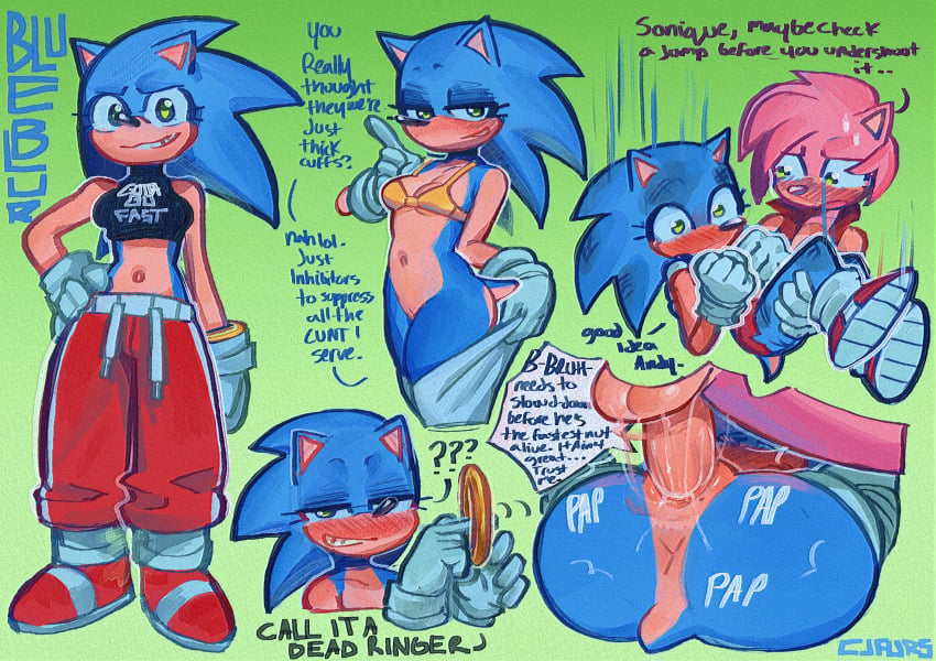 1boy 1girls amy_rose anus balls big_ass big_breasts bikini bikini_top blue_body blush breasts cjfurs clothing dialogue domestic_cat duo ears_up felid feline felis female female_penetrated footwear genitals hi_res male male/female mammal mating_press penetration pussy ring rule_63 sega sex shoes sonic_(series) sonic_the_hedgehog sonic_the_hedgehog_(series) sonique_the_hedgehog sound_effects speech_bubble swimwear teasing tomboy two-piece_swimsuit vaginal_penetration