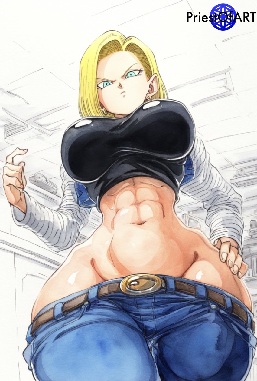 1girls abs ai_generated android_18 big_breasts blonde_female blonde_hair busty color dragon_ball dragon_ball_z earrings female female_focus female_only fit_female from_below front_view indoors jeans muscular muscular_female priestofart pulling_down_pants short_hair solo solo_female solo_focus tagme tagme_(artist) tagme_(character) thick_thighs watermark wide_hips