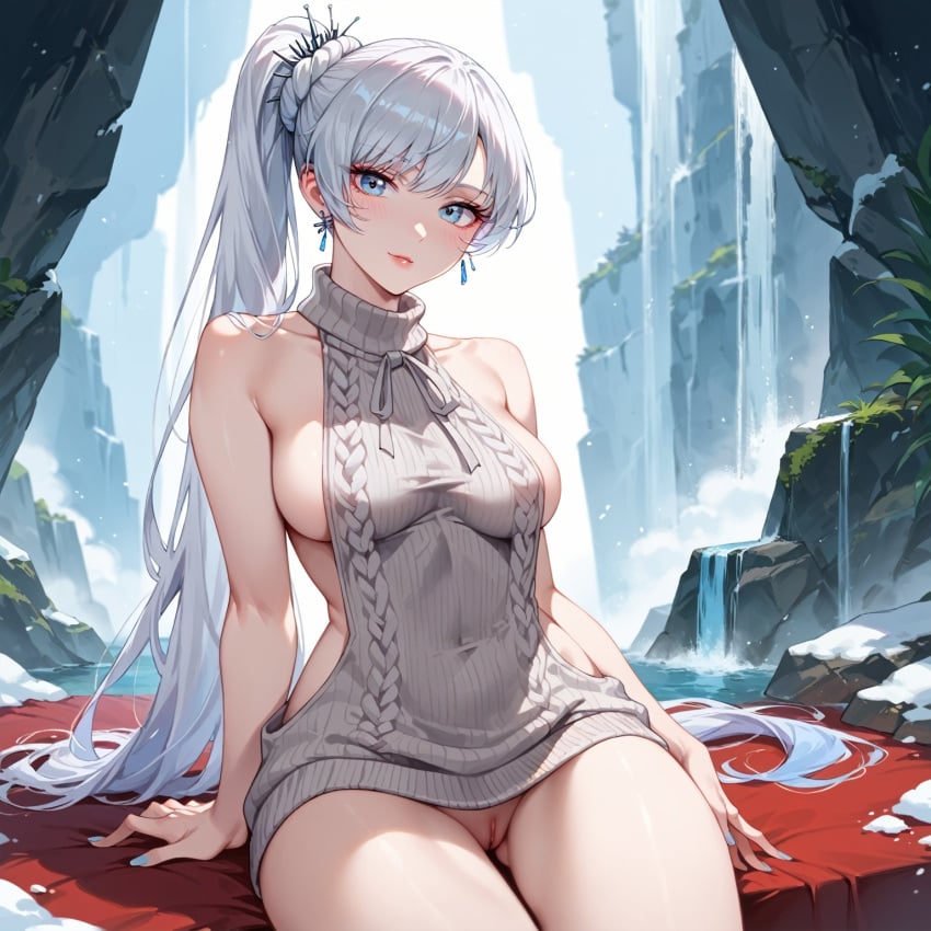 ai_generated bare_legs blue_eyes japaia looking_at_viewer pussy rwby sideboob tagme virgin_killer_sweater weiss_schnee white_hair