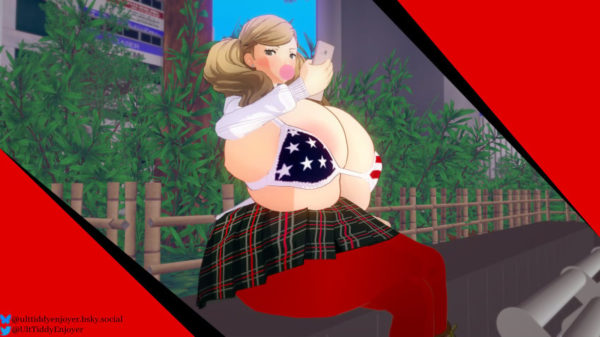 3d 3d_(artwork) american_flag_bikini ann_takamaki bikini bikini_top blonde_hair blue_eyes breast_squish bubble_gum earrings hoodie huge_breasts koikatsu large_breasts leggings looking_at_viewer persona persona_5 skirt twintails ulttiddyenjoyer