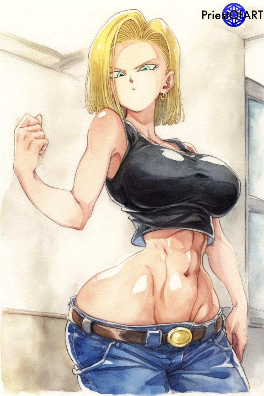 1girls abs ai_generated android_18 big_breasts black_top blonde_female blonde_hair busty color dragon_ball dragon_ball_z earrings female female_focus female_only fit_female front_view jeans muscular muscular_female priestofart pulling_down_pants short_hair solo solo_female solo_focus tagme tagme_(artist) tagme_(character) thick_thighs watermark wide_hips