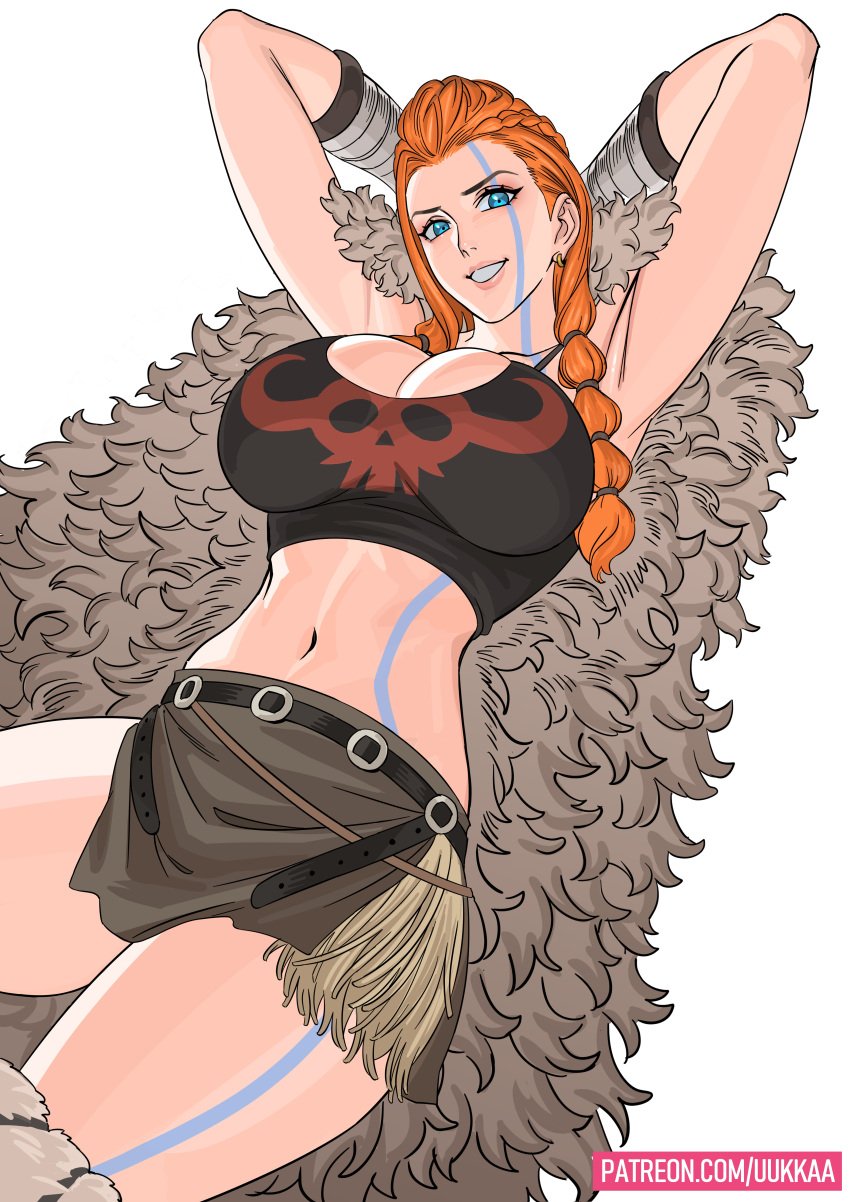 big_breasts clothed clothing crop_top female female_only milf one_piece orange_hair ripley_(one_piece) tattoo thighs uukkaa