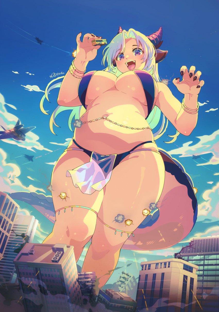 1girls 2d_(artwork) chubby chubby_female color colorful_hair destruction dragon_girl female_focus female_only fighter_jet giantess hato_ichiko horns large_breasts military original original_character outside rampage revealing_clothes tail thick_thighs underboob