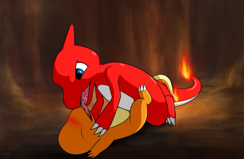 blue_eyes blush charmander charmeleon closed_eyes dancingchar fire kissing nintendo open_eyes pokémon_(species) pokemon reptile scalie sex sweat tail tail_fire video_games