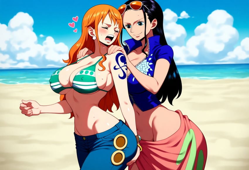 2girls ai_generated back_massage back_rub beach big_ass big_breasts big_butt bikini blush blushing_female blushing_profusely breath bubble_ass bubble_butt cleavage deep_cleavage dripping erect_nipples female female_only grabbing_own_ass hands_on_another's_back huge_ass huge_breasts kissing large_breasts lovers massage massaging_back massaging_shoulders massive_breasts nami narrow_waist nico_robin one_piece open_mouth rubbing_back self_upload shoulder_massage sweatdrop sweating sweaty sweaty_body sweaty_breasts sweaty_butt thick_nipples thick_thighs wide_hips yeetyboi5000 yuri yuri