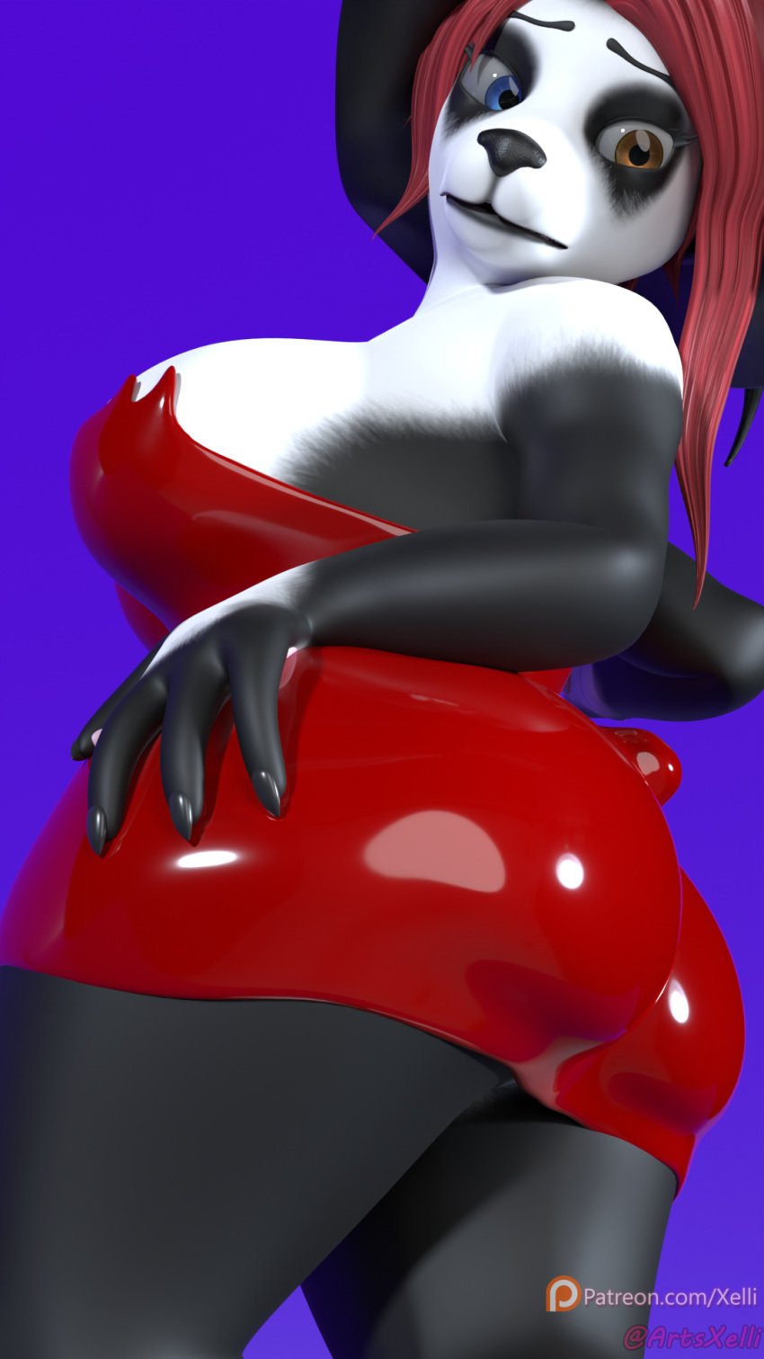 3d_(artwork) anthro ass bear big_breasts big_butt blizzard_entertainment breast_expansion breasts butt_focus clothed clothed_anthro clothed_female clothing curvy_anthro curvy_figure digital_media_(artwork) dress dress_inside_ass expansion female giant_panda hair hat headgear headwear heterochromia hi_res latex latex_clothing latex_dress magic magic_user magic_wand mammal pandaren red_hair skimpy skimpy_dress solo thick_thighs tight_clothing tight_dress wand warcraft wide_hips witch witch_costume witch_hat worried xelli