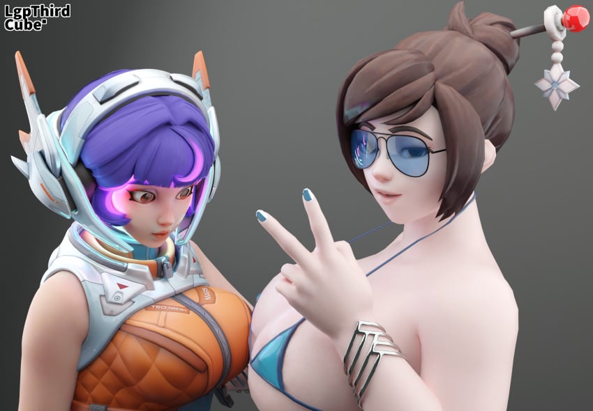 3d aviator_sunglasses big_breasts blender blender_cycles breast_size_difference breasts brown_hair brown_hair_female female female_only juno_(overwatch) lgpthirdcube looking_at_viewer mei_(overwatch) overwatch overwatch_2 peace_sign purple_hair staring_at_breasts sunglasses tagme tinted_eyewear