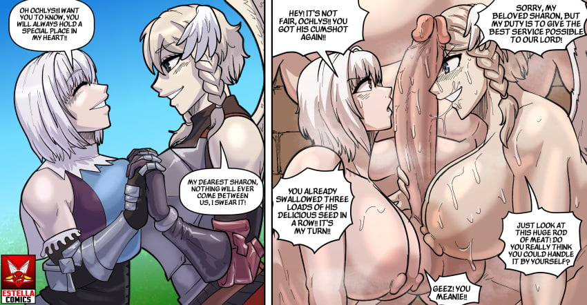 1boy 2girls dialogue estella_comics female gigantic_breasts gigantic_penis huge_areolae huge_breasts huge_cock human male male/female mannyestella mrestella ochlys_(unicorn_overlord) sharon_(unicorn_overlord) text threesome unicorn_overlord voluptuous white_hair