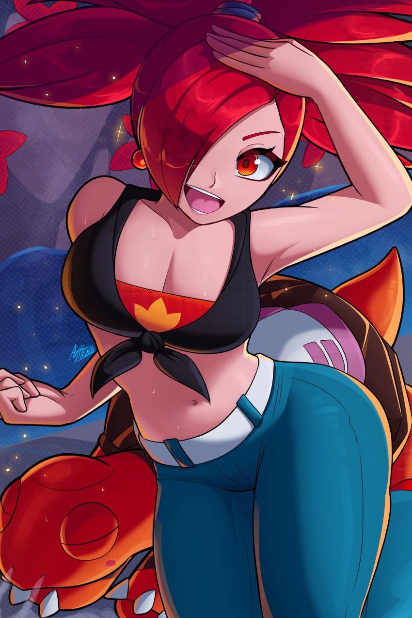 ax3lbravo axlhearts belt belt_buckle black_shirt blush breasts buckle cleavage clothed clothing creatures_(company) denim female flannery_(pokemon) game_freak jeans long_hair nintendo panties pants poke_ball pokemon pokemon_rse red_belt red_eyes red_hair smile solo sweat thong_straps torkoal