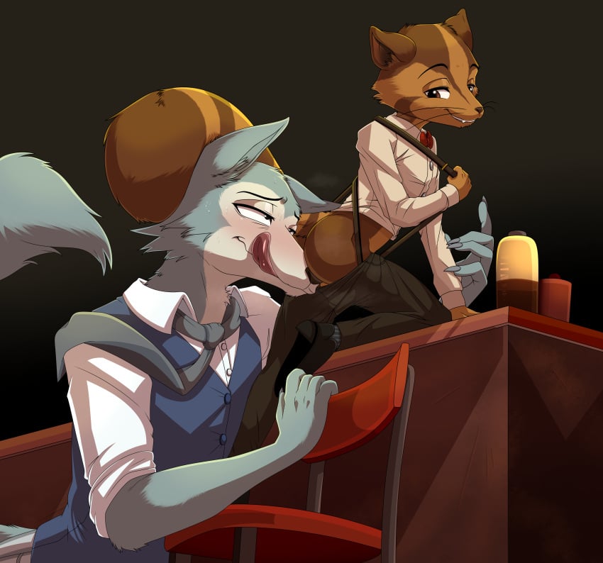 absurd_res anthro ass beastars butt_sniffing canid canine canis civet deshico_(beastars) duo enookie gay hi_res interspecies legoshi_(beastars) male male/male mammal necktie scentplay size_difference sniffing suspenders tongue tongue_out viverrid wolf