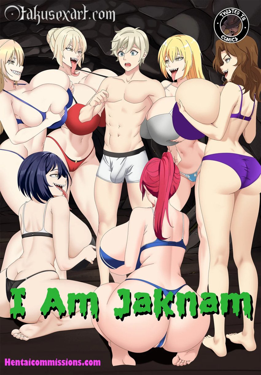 1boy ass barefoot black_hair blonde_hair brother_and_sister brown_hair bulge_through_clothing cleavage comic_cover grabbing_own_breasts grin huge_breasts i_am_jaknam landerbfly long_hair male_in_female_body milf mother_and_daughter mother_and_son multiple_girls possessed possession red_hair sharp_teeth short_hair yellow_eyes