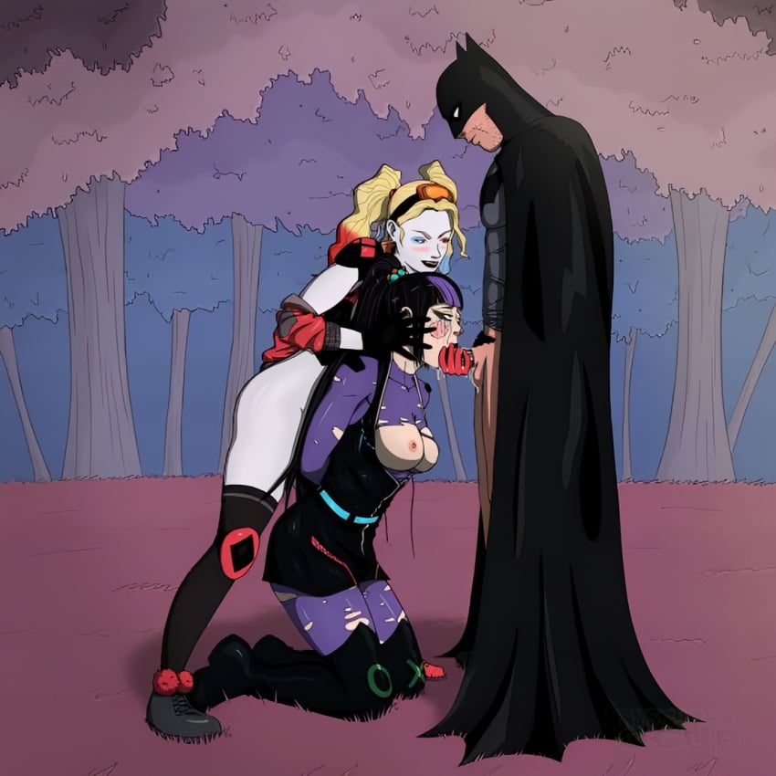 1boy 1male 2females 2girls alexis_kaye batman batman_(bruce_wayne) batman_(series) blowjob bruce_wayne clothed clothed_female clothed_male clothed_sex clothing dc dc_comics fellatio female female_focus female_penetrated females grabbing grabbing_penis hand_on_penis harleen_quinzel harley_quinn hero hero/villainess hero_on_villain hero_on_villainess male male/female male_penetrating male_penetrating_female oral oral_penetration penetration punchline_(dc) rysujoncyogur sex sucking sucking_penis torn_clothes trio trio_focus villainess