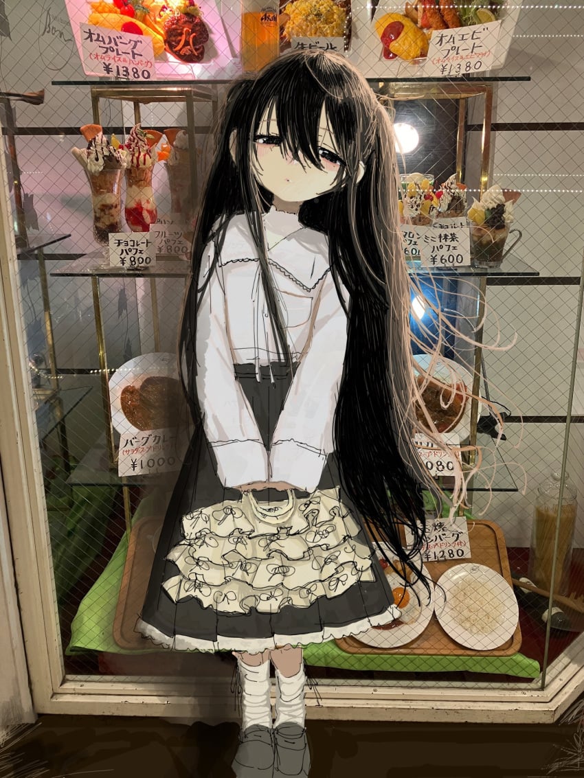 bag black_eyes black_hair black_skirt breast_pocket curry display_case female food fried_egg hair_between_eyes handbag high-waist_skirt highres long_hair omelet original parfait photo_background pleated_skirt pocket rice s_momokichi shirt shirt_tucked_in shoes skirt socks solo standing white_shirt white_socks