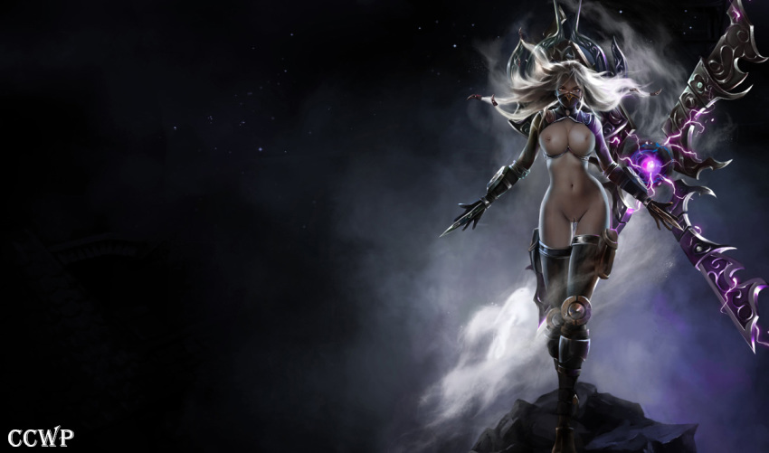 blade bottomless breasts gray_hair irelia_xan league_of_legends legacy_series nightblade_irelia stockings topless