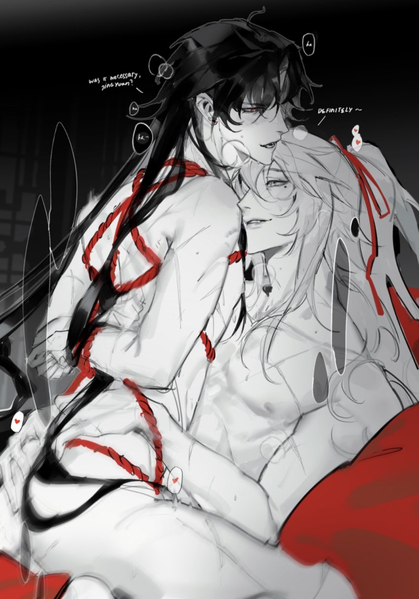 2boys black_hair blade_(honkai:_star_rail) bondage english english_text gay gay_sex honkai:_star_rail implied_penetration, jing_yuan male_only masculine, masculine_male mole, mole_under_eye, panting penetration, red_ribbons red_rope scars scars_all_over scars_on_arm, tagme yaoi