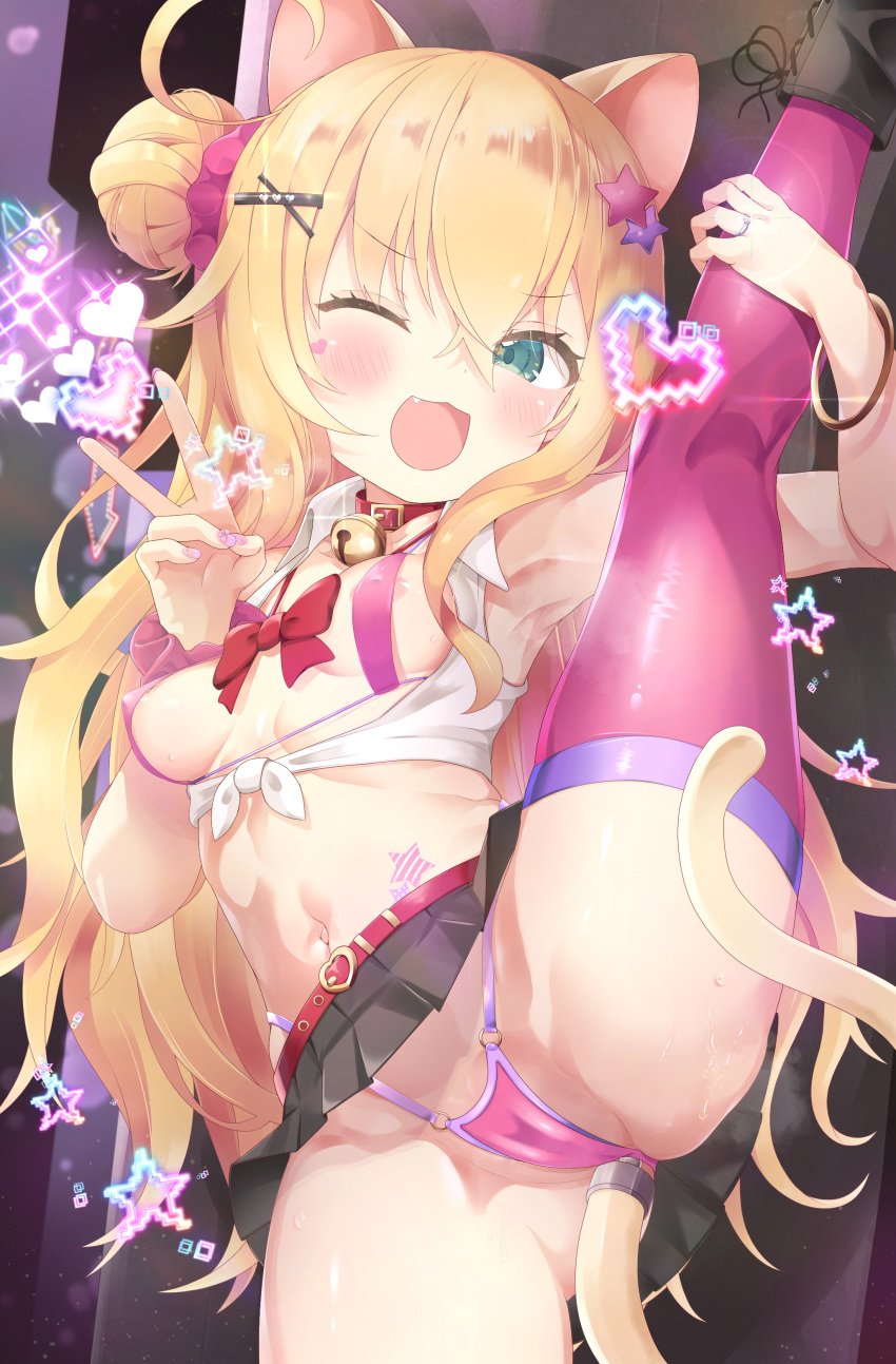 ;d absurdres albacore_(azur_lane) alternate_costume anal_tail animal_ears azur_lane black_skirt blonde_hair blush breasts cat_ears cat_tail collared_shirt covered_nipples cropped_shirt curly_hair fake_tail female female_masturbation flexible from_below green_eyes hair_between_eyes hair_bun hair_ornament hairclip hands_up happy heart highres holding_own_leg long_hair looking_at_viewer looking_down makina9696 masturbation microskirt midriff nail_polish navel oerba_yun_fang one_eye_closed panties pink_panties pleated_skirt presenting revealing_clothes shirt single_hair_bun skin_tight skirt sleeveless sleeveless_shirt small_breasts smile solo split standing standing_on_one_leg standing_split star_(symbol) star_hair_ornament star_in_eye stomach symbol_in_eye tail thighhighs thighs tied_shirt underwear v very_long_hair white_shirt x_hair_ornament