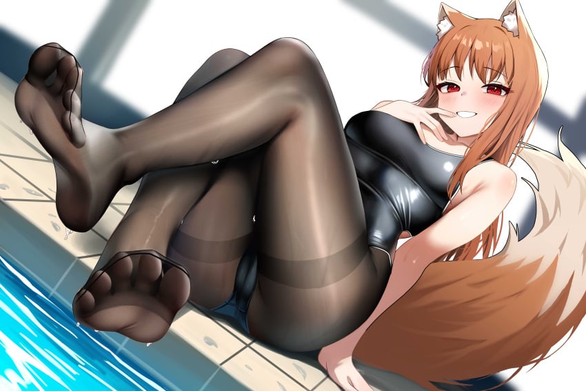 absurdres animal_ears black_pantyhose breasts brown_hair cameltoe cleavage competition_swimsuit crotch_seam dush_1154 feet female fine_fabric_emphasis highres holo looking_at_viewer no_shoes one-piece_swimsuit pantyhose pool school_swimsuit soles spice_and_wolf swimsuit tail thighband_pantyhose thighs water wet wolf_ears wolf_girl wolf_tail