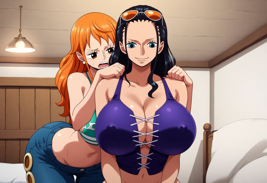 2girls ai_generated big_ass big_breasts big_butt breast_squeeze bubble_ass bubble_butt bursting_breasts cleavage clothing concerned concerned_look corset deep_cleavage dripping female female_only huge_ass huge_breasts large_breasts massive_breasts nami nami_(one_piece) narrow_waist nico_robin on_bed one_piece open_mouth self_upload squeezing_breasts_together sweatdrop sweating sweaty sweaty_body sweaty_breasts sweaty_butt thick_nipples thick_thighs tight_clothing tight_corset tight_fit trying_on_clothes wide_hips yeetyboi5000 yuri