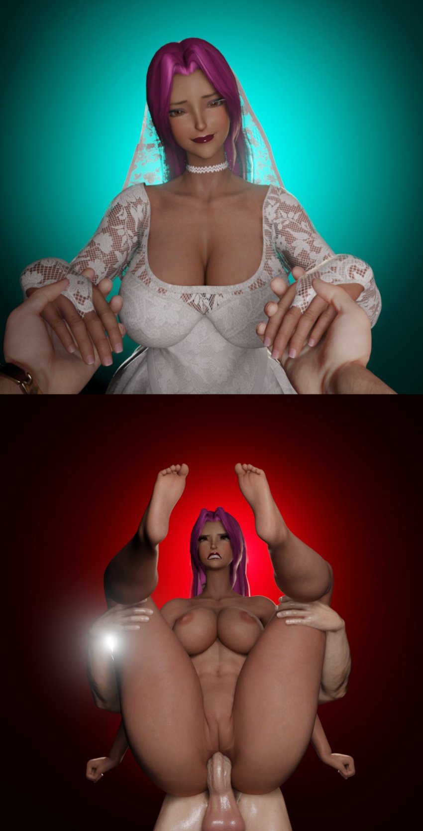 3d anal_sex anonymous_male blue_background clenched_teeth crossed_eyes dark-skinned_female doomfella holding_legs ingrid_(taimanin_asagi) instant_loss interracial lifting_person light-skinned_male maledom red_background simple_background taimanin_(series) wedding_dress