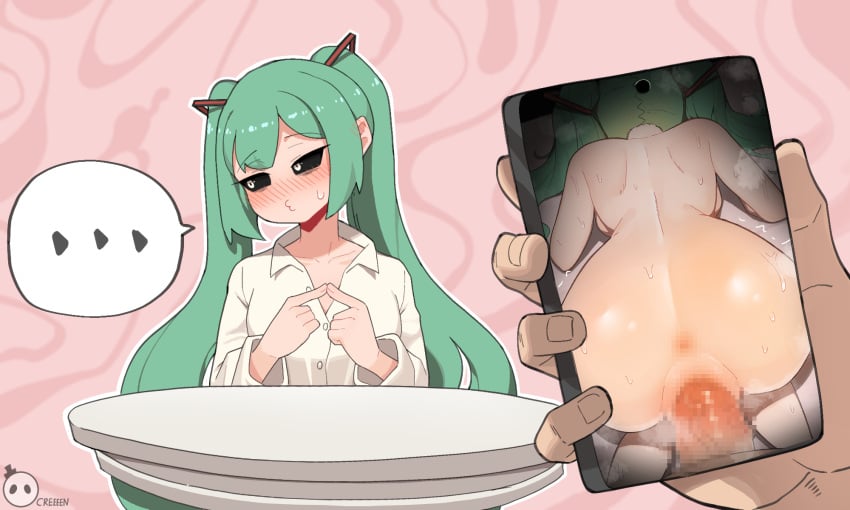 ... 1girls ass_focus big_ass black_eyes blue_eyes blush creeeen doggy_style female female_focus female_only fingers_together hatsune_miku head_down_ass_up light_skin looking_away mesugaki_miku mimukauwa_nice_try_(vocaloid) mosaic_censoring phone pov vaginal_penetration vocaloid