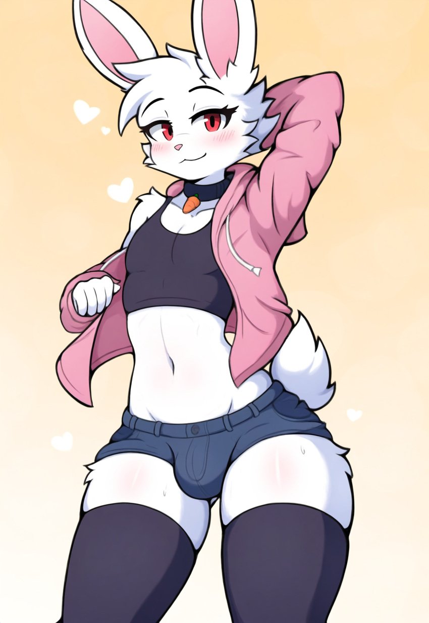 1boy ai_generated bulge bunny_tail casual casual_clothes choker crop_top femboy gay horny jonnyjonn midriff original_character penis_bulge rabbit rabbit_boy rabbit_ears rabbit_humanoid red_eyes rubes_the_rabbit shorts solo thick_thighs thighhighs thighs white_fur