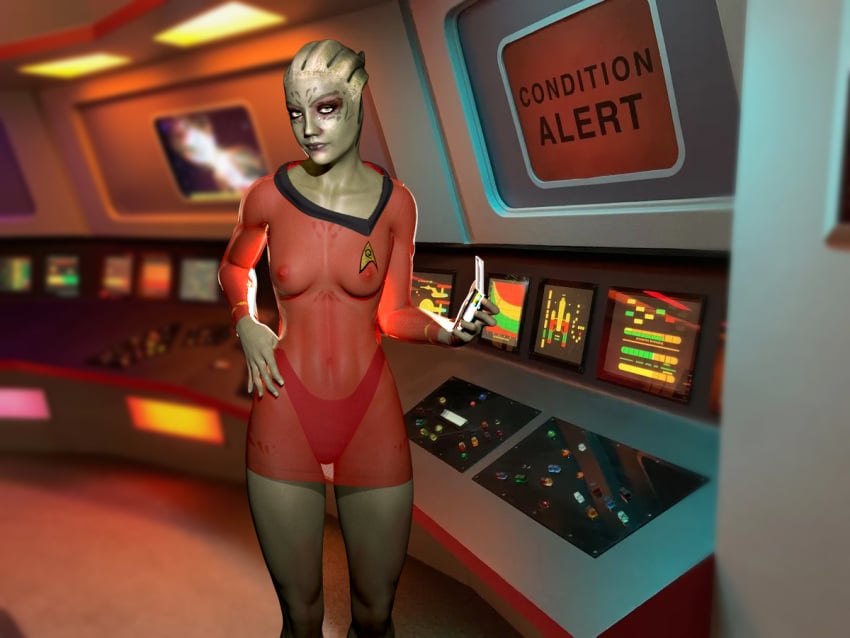 3d asari cosplay crossover green_skin green_skinned_female mass_effect nudity parody red_shirt see-through_clothing shiala star_trek