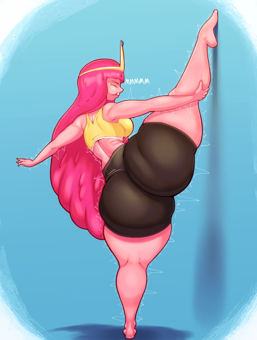 1girls adventure_time ass barefoot big_ass bottom_heavy breasts bubble_butt clothing crop_top dat_ass eyes_closed fat_ass female female_only huge_ass large_ass leg_up n-kosi n-kosi_(coloring) pink_hair pink_skin png princess_bubblegum shorts solo stretching thick_ass thick_thighs tiara wide_hips