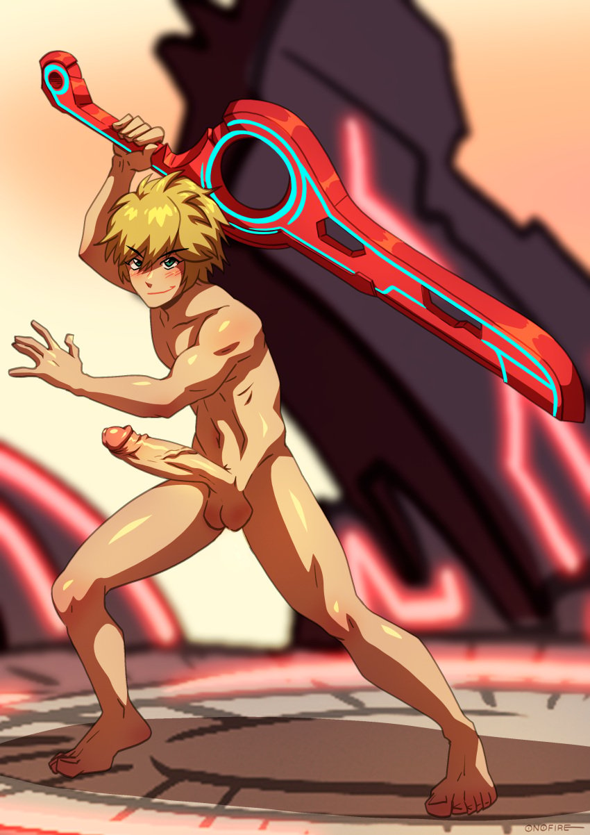 1boy absolutely_nothing_on barefoot belly_button bishonen blonde_hair blonde_hair_male blush blush blush_lines casual_nudity commission completely_nude confidently_naked erection fighting_pose fighting_stance foreskin full_color green_eyes hairless_balls hairless_penis holding_sword holding_weapon huge_cock long_penis male male_only mlplottery monado muscular_male nintendo nude ono-fire penis shiny_skin shulk_(xenoblade) six_pack smiling smirking solo solo_male super_smash_bros. tagme testicles uncircumcised uncircumcised_penis uncut uncut_penis xenoblade_(series)