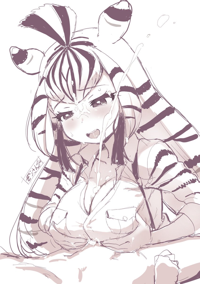 1boy absurdres after_paizuri animal_ears animal_print black_hair blush breasts breasts_squeezed_together captain_(kemono_friends) chapman's_zebra_(kemono_friends) cum cum_on_body cum_on_breasts cum_string ejaculation extra_ears facial female highres kemono_friends kemono_friends_3 large_breasts long_hair long_sleeves masuyama_ryou multicolored_hair open_mouth paizuri shirt smile straight striped_hair two-tone_hair white_hair zebra_ears zebra_girl zebra_print