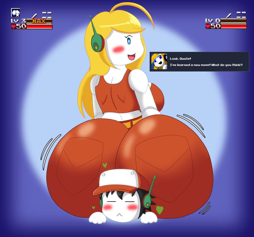 1boy 1girls ass ass_focus big_ass big_butt big_dom_small_sub blonde_female blonde_hair blue_eyes blush blush_lines breasts cave_story chibi curly_brace duo english_text fat_ass female fetishstarboy game_ui gameplay_mechanics hair headphones heart hearts_around_head huge_ass huge_butt human humanoid hyper_ass larger_female motion_lines quote_(cave_story) robot robot_boy robot_girl self_upload sitting sitting_on_another sitting_on_person smaller_male text text_box theflaminghedgie