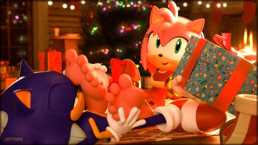 amy_rose bare_legs barefoot blue_fur blue_hair boots christmas christmas_tree dress eyelashes feet female gift gloves green_eyes hedgehog highres indoors jewelry legs legwear licking licking_foot long_eyelashes lying nouvaera on_model pink_fur pink_hair red_dress red_shoes ring sega shoes sitting smile socks soles sonic_the_hedgehog sonic_the_hedgehog_(series) teen teen_boy teen_girl teenage teenage_boy teenage_girl teenager toes white_gloves white_legwear