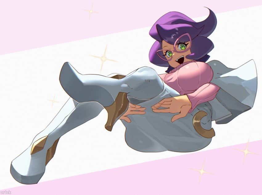 1girls 2026 2d 2d_(artwork) big_breasts boob_bulge female female_only glasses gold_trim green_eyes high_heeled_boots huge_breasts large_breasts light-skinned_female light_skin orlek pokemon pokemon_sm posing purple_hair purple_sweater questionable sfw shaded simple_background smiling solo solo_female tagme white_jacket white_skirt wicke_(pokemon) worm's-eye_view