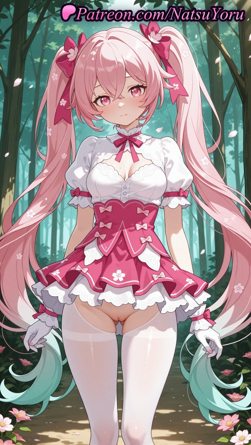 1girls ai_generated anime anime_style aqua_hair arms_at_sides ass_visible_through_thighs bangs blush bow breasts bust busty cleavage cleavage_cutout cleft_of_venus closed_mouth clothing clothing_cutout crossed_bangs crotch_cutout crotchless crotchless_pantyhose day dress falling_petals feet_out_of_frame female female_focus female_only flower forest frilled_skirt frills gloves gradient_hair hair_between_eyes hair_flower hair_intakes hair_ornament hair_ribbon hair_ribbons hairbow hentai hi_res high_quality high_resolution highres layered_skirt long_hair looking_at_viewer medium_breasts multi-colored_hair multicolored_hair nail_polish natsuyoru nature neck_ribbon no_panties outdoors pantyhose patreon petals pink_bow pink_dress pink_eyes pink_flower pink_hair pink_nails pink_ribbon pink_skirt puffy_short_sleeves puffy_sleeves pussy ribbon shirt short_sleeves skirt small_breasts solo solo_female standing thighband_pantyhose thighs tree twintails two-tone_hair uncensored vagina very_long_hair voluptuous voluptuous_female white_gloves white_legwear white_pantyhose white_shirt white_thighhighs