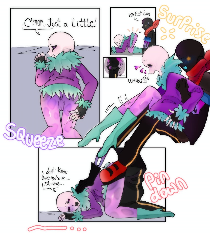 anal_penetration anal_sex black_body black_gloves blue_boots blue_fur comic doggy_style doggystyle ectobody fur_collar_jacket gay_domination male/male pink_body purple_jacket red_scarf sans_(undertale) sanscest sex_from_behind simple_background text underlust underlust_sans undertale undertale_(series) undertale_au undertale_sans underverse white_background yaoi