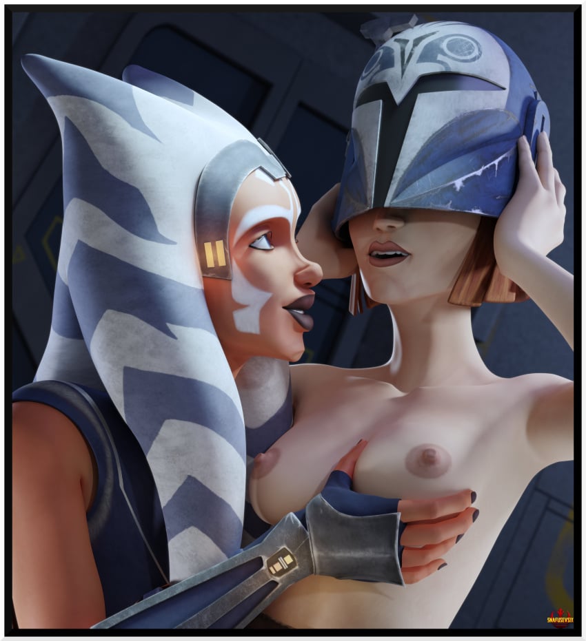 2girls 3d ahsoka_tano alien bo-katan_kryze breasts clothed female female_only groping_breasts helmet interspecies mandalorian mandalorian_helmet snafusevsix star_wars togruta yuri